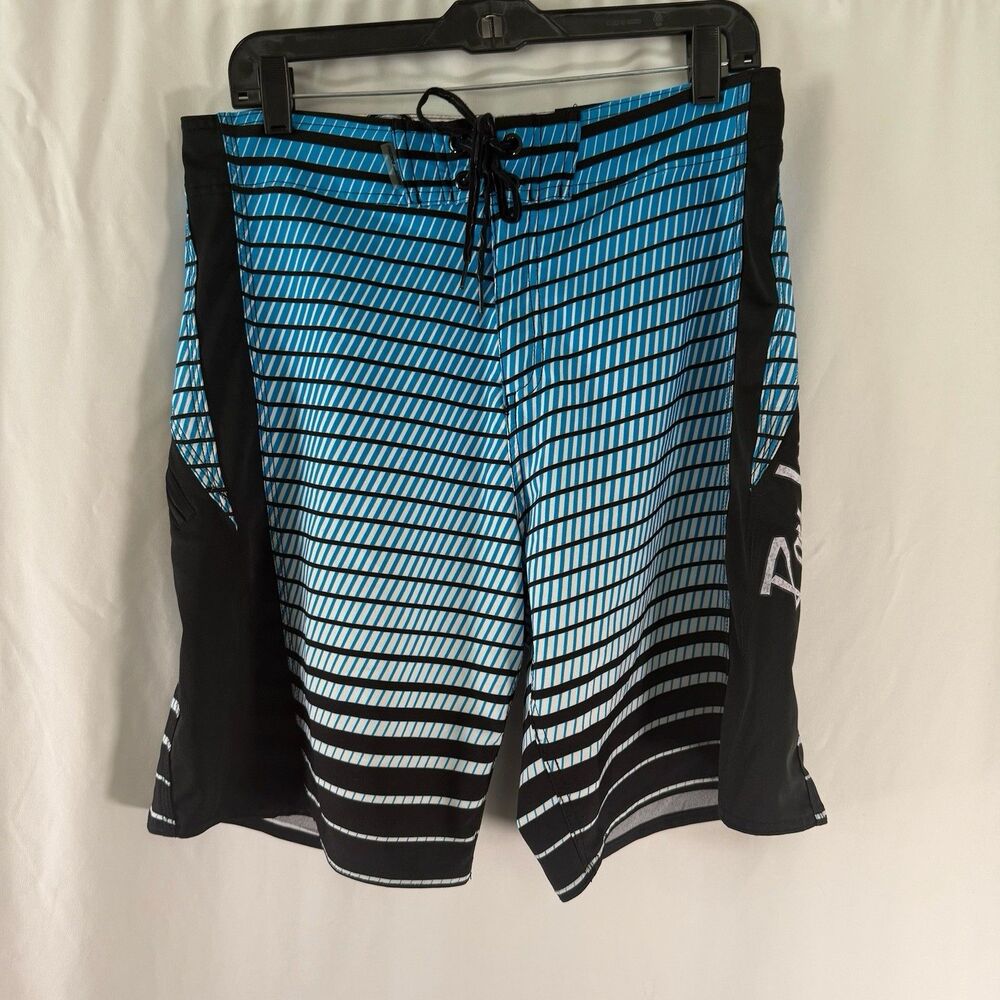 Ron Jon Surf Shop Swim Trunks Men's 32 Blue Black Striped Drawstring 9" Inseam